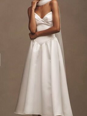 Watters Rickey Strapless Basque-Waist A-Line Midi Dress with Scarf